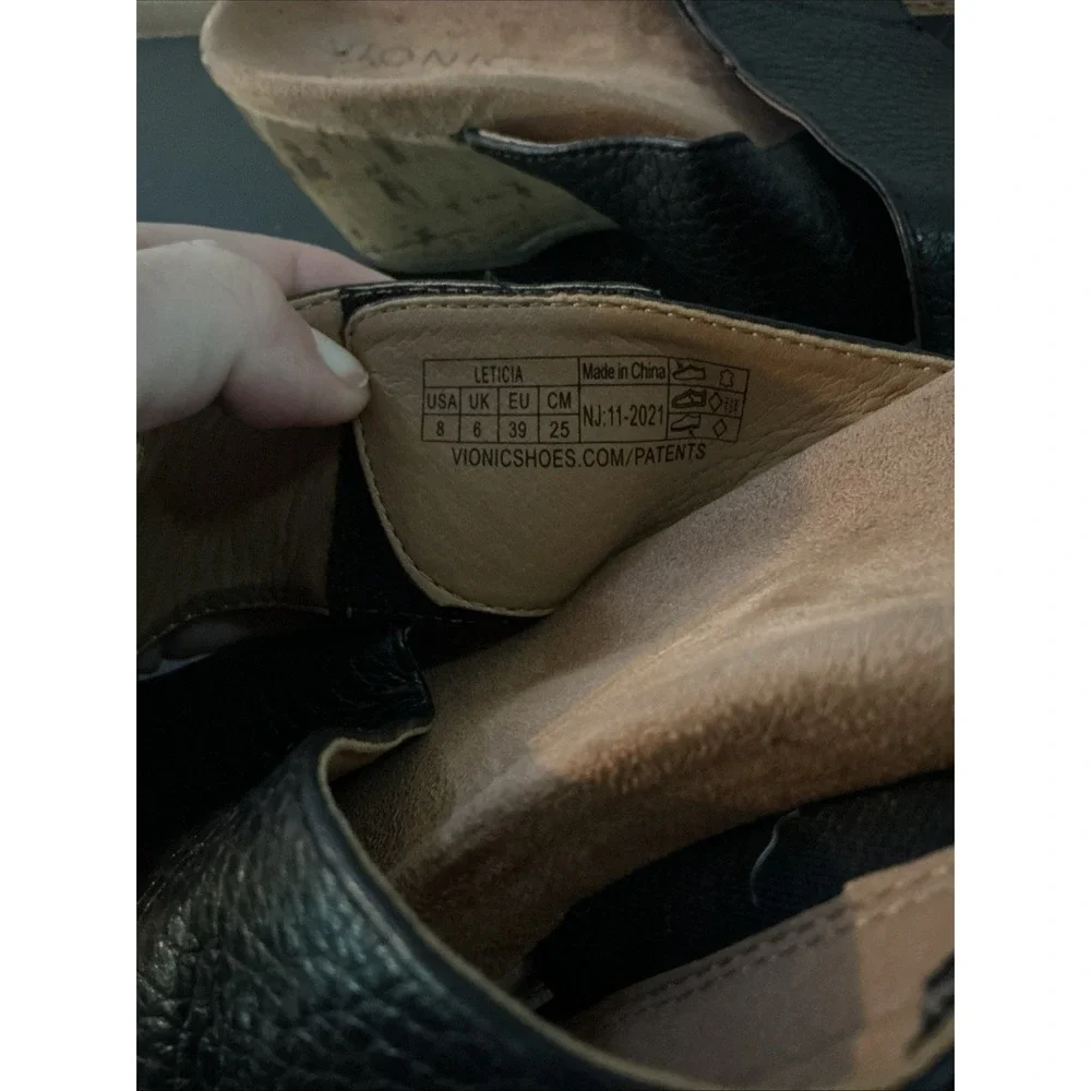 Vionic Leticia Black Lizard Embossed Cork Wedge Sandals Womens 8 Slide